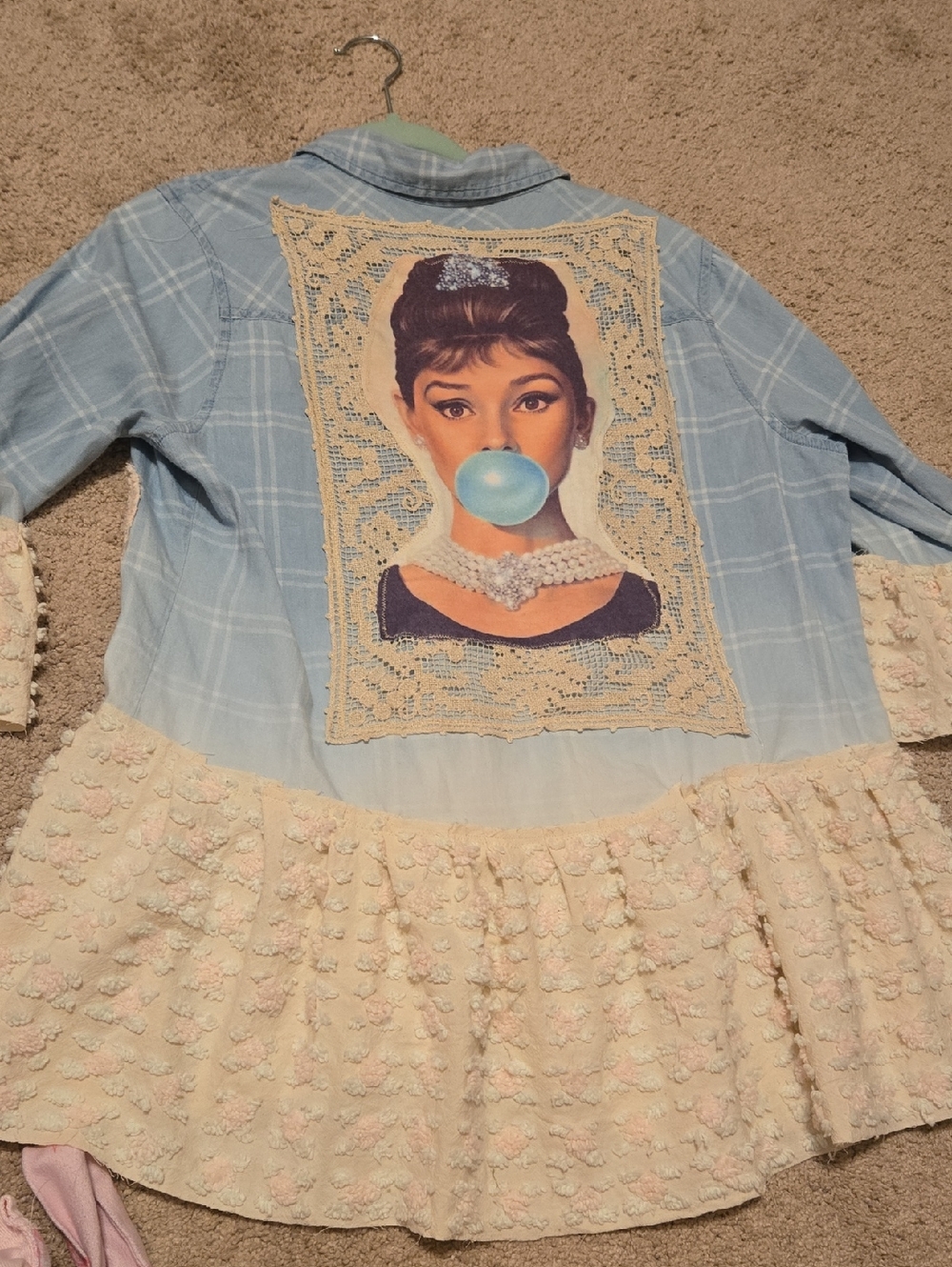 Embroidered Audrey Hepburn Bubblegum Patch Flannel Style Top - Blue & Cream